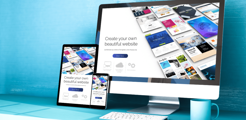 Desktop, tablet, and smartphone showing a website builder interface with templates and design options on a blue background